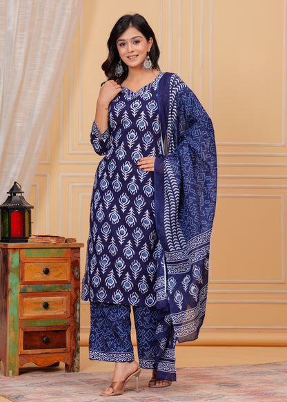 PoshArt Blue Indigo Straight Kurti Pant Set With Duptta