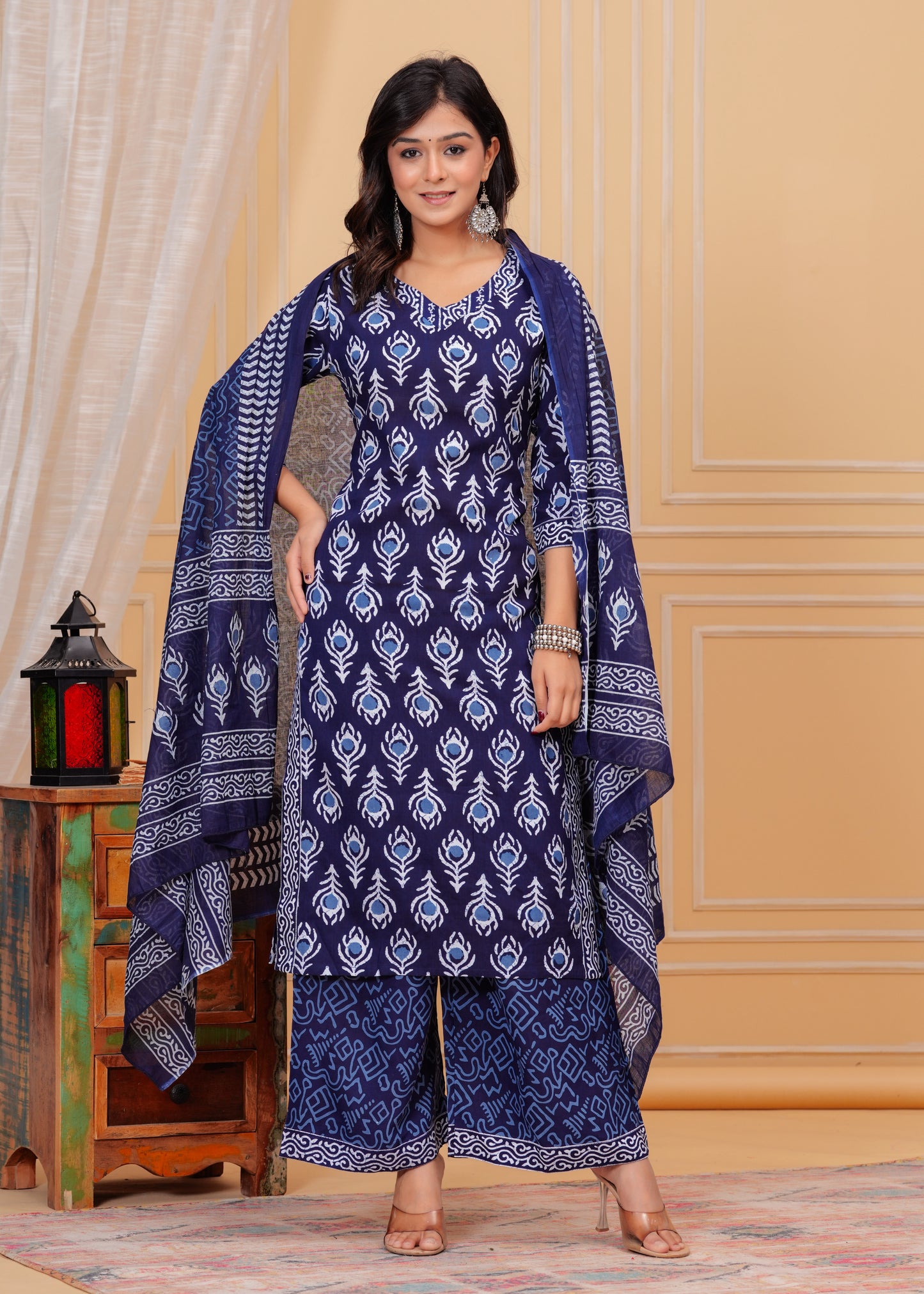 PoshArt Blue Indigo Straight Kurti Pant Set With Duptta