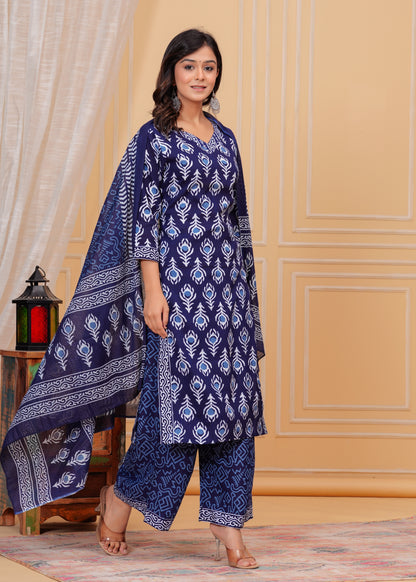 PoshArt Blue Indigo Straight Kurti Pant Set With Duptta