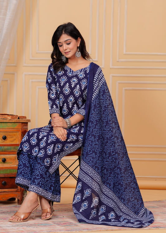 PoshArt Blue Indigo Straight Kurti Pant Set With Duptta