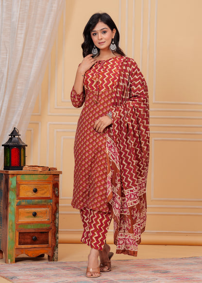 PoshArt's New Maroon Comfy Cotton Kurta Set With Dupatta