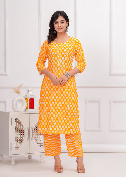 PoshArt Cotton Musturd Kurti Pant & Dupatta Set