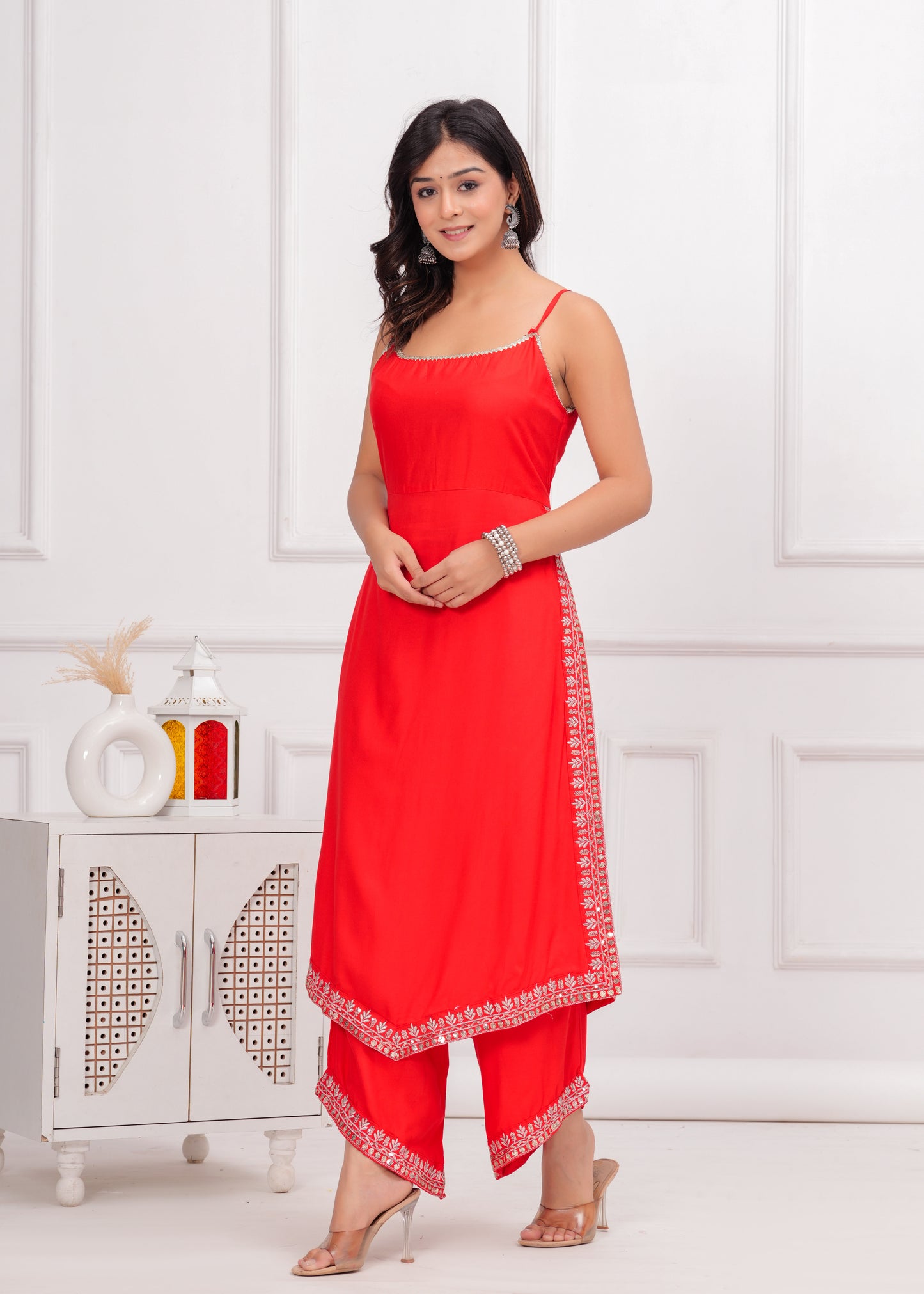 PoshArt Red Sleeveless Kurta Set