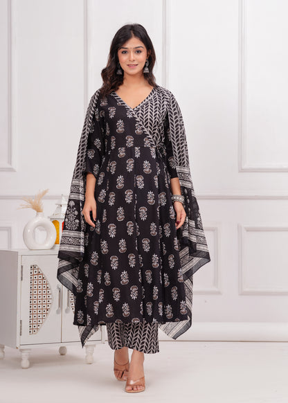 PoshArt Black Rayon Printed Kurta Set