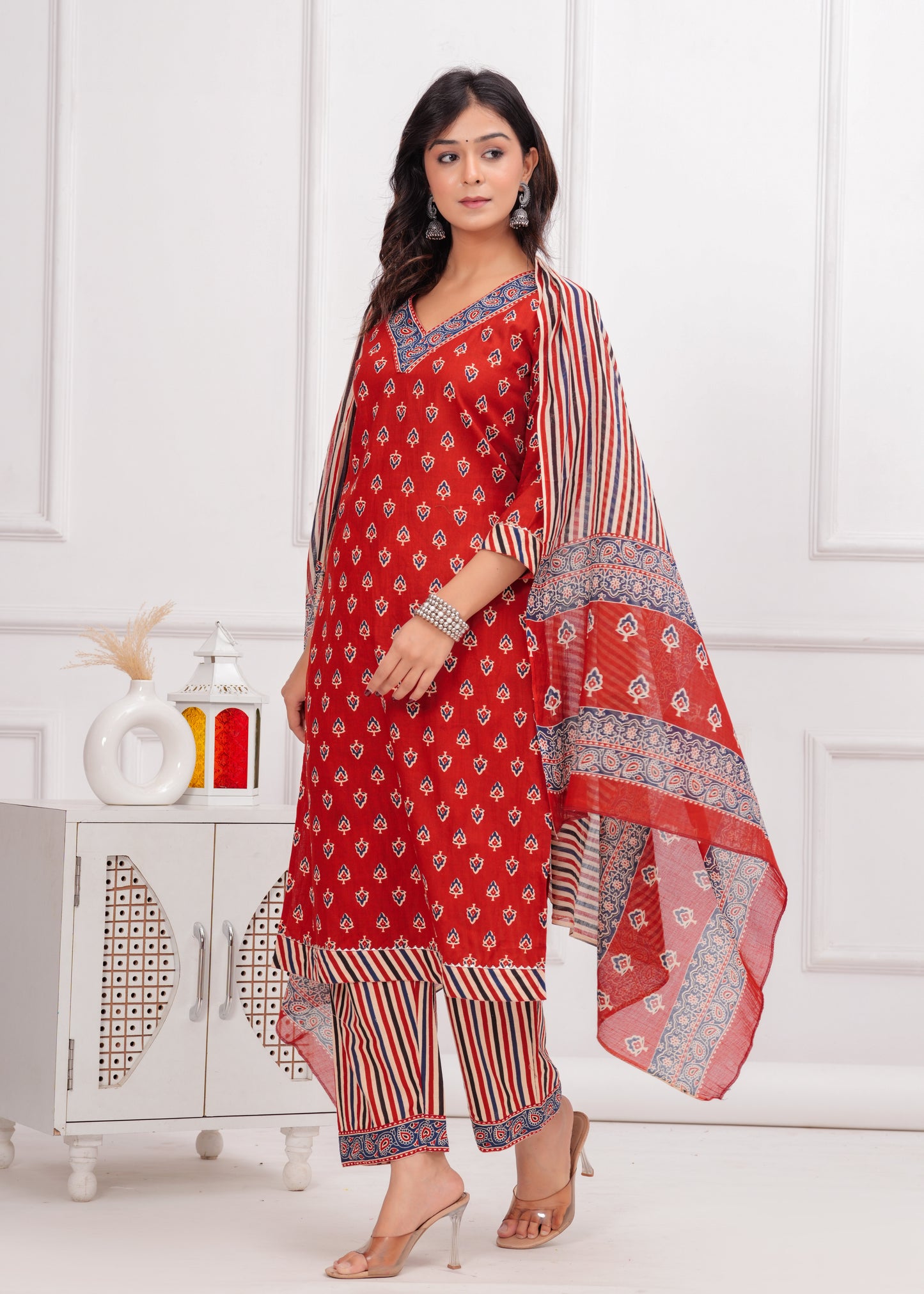 PoshArt Maroon Bagru Print Hand Look Kurta Set