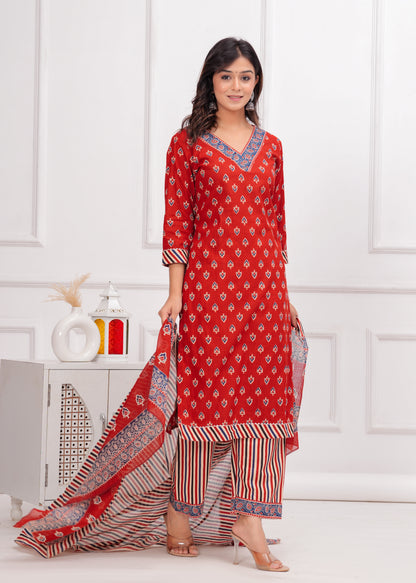 PoshArt Maroon Bagru Print Hand Look Kurta Set