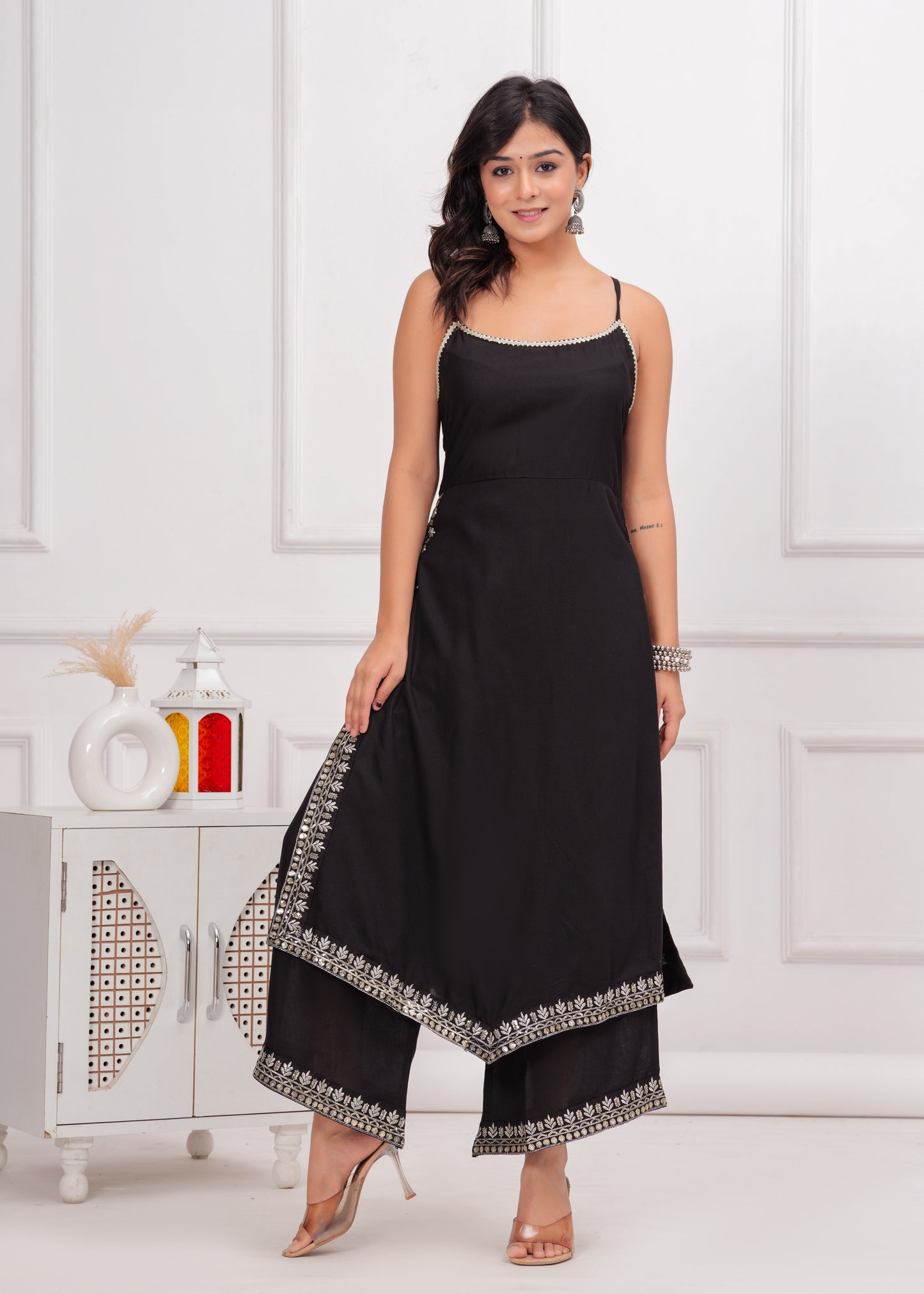 PoshArt Black Sleeveless Kurta Set