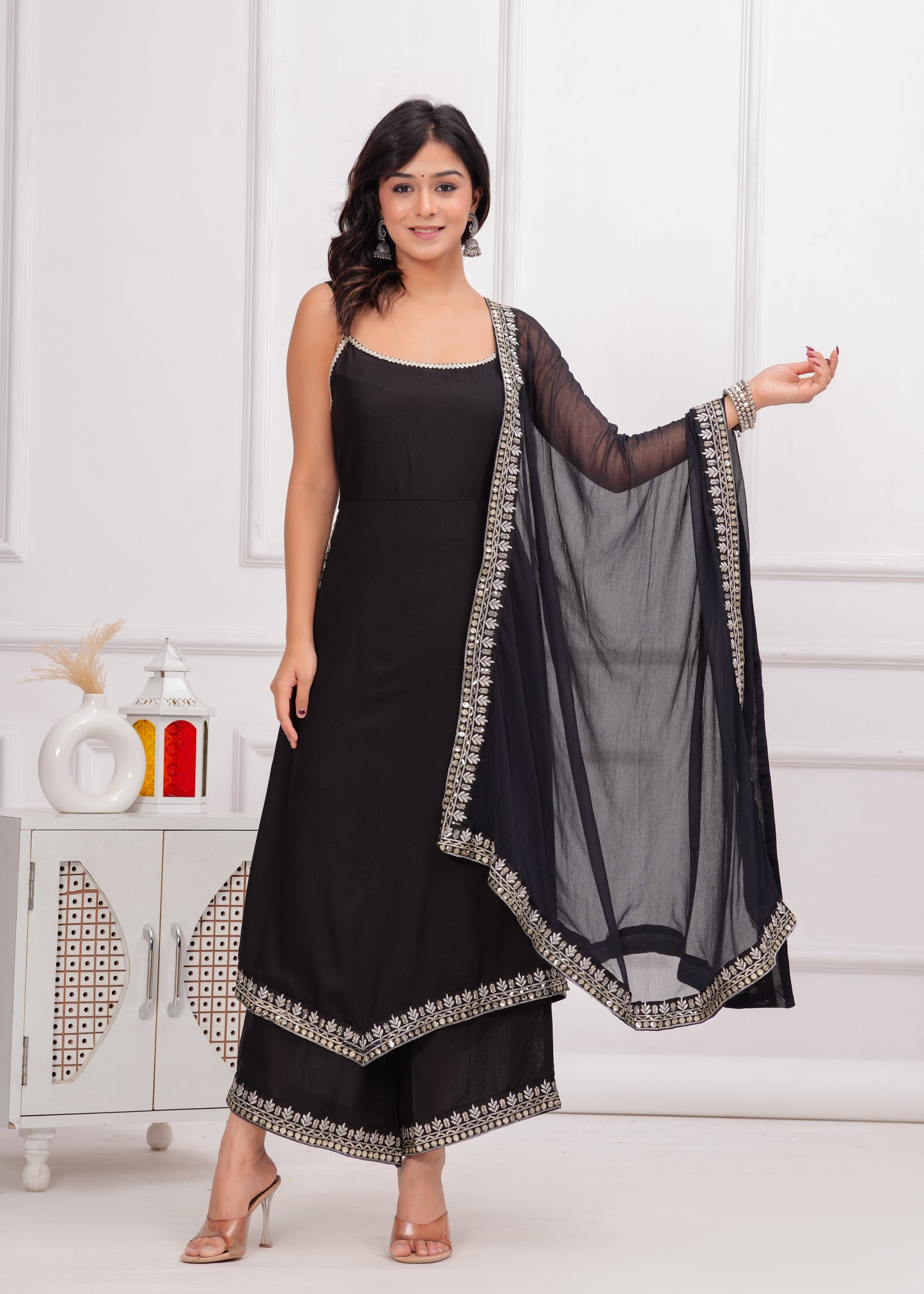 PoshArt Black Sleeveless Kurta Set