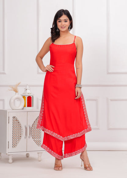 PoshArt Red Sleeveless Kurta Set