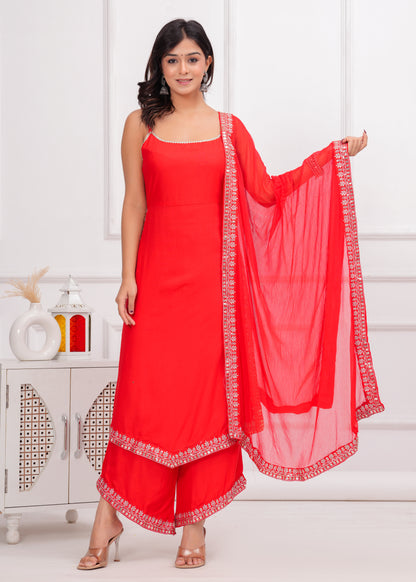 PoshArt Red Sleeveless Kurta Set