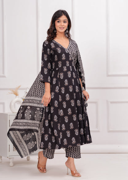 PoshArt Black Rayon Printed Kurta Set