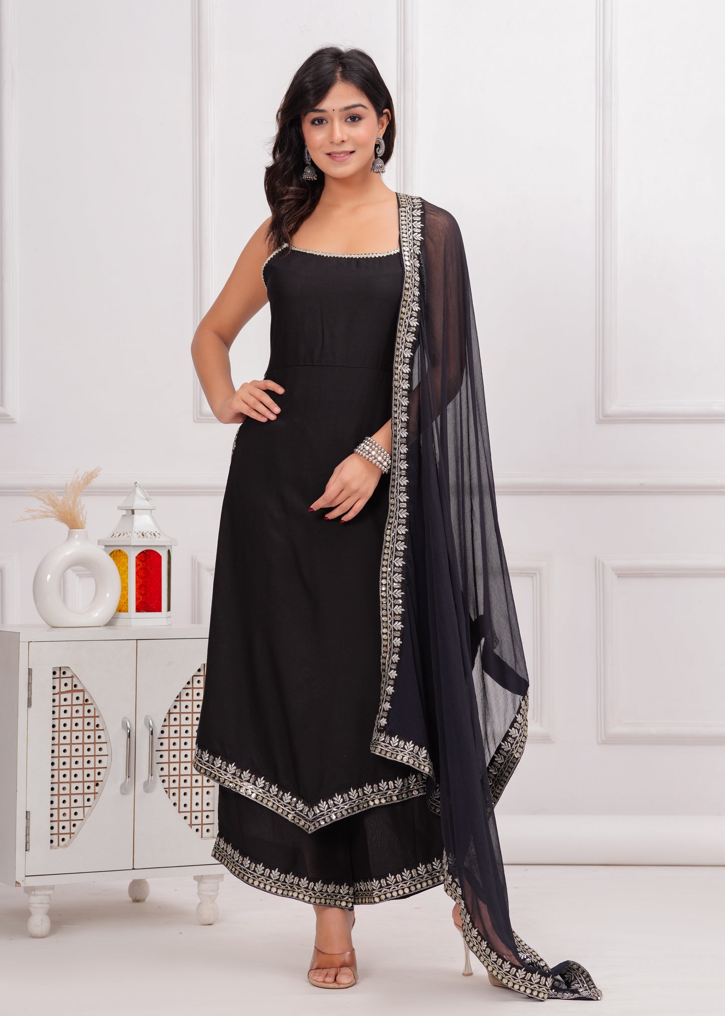 PoshArt Black Sleeveless Kurta Set