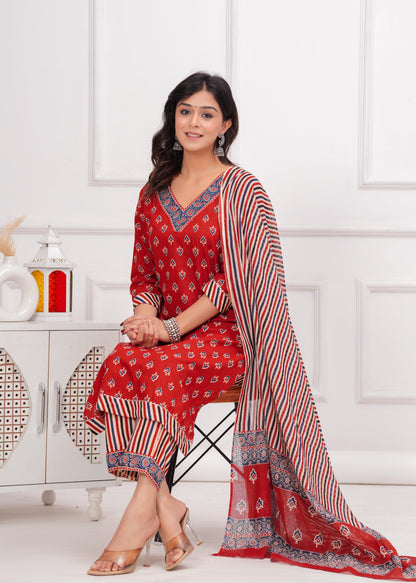 PoshArt Maroon Bagru Print Hand Look Kurta Set