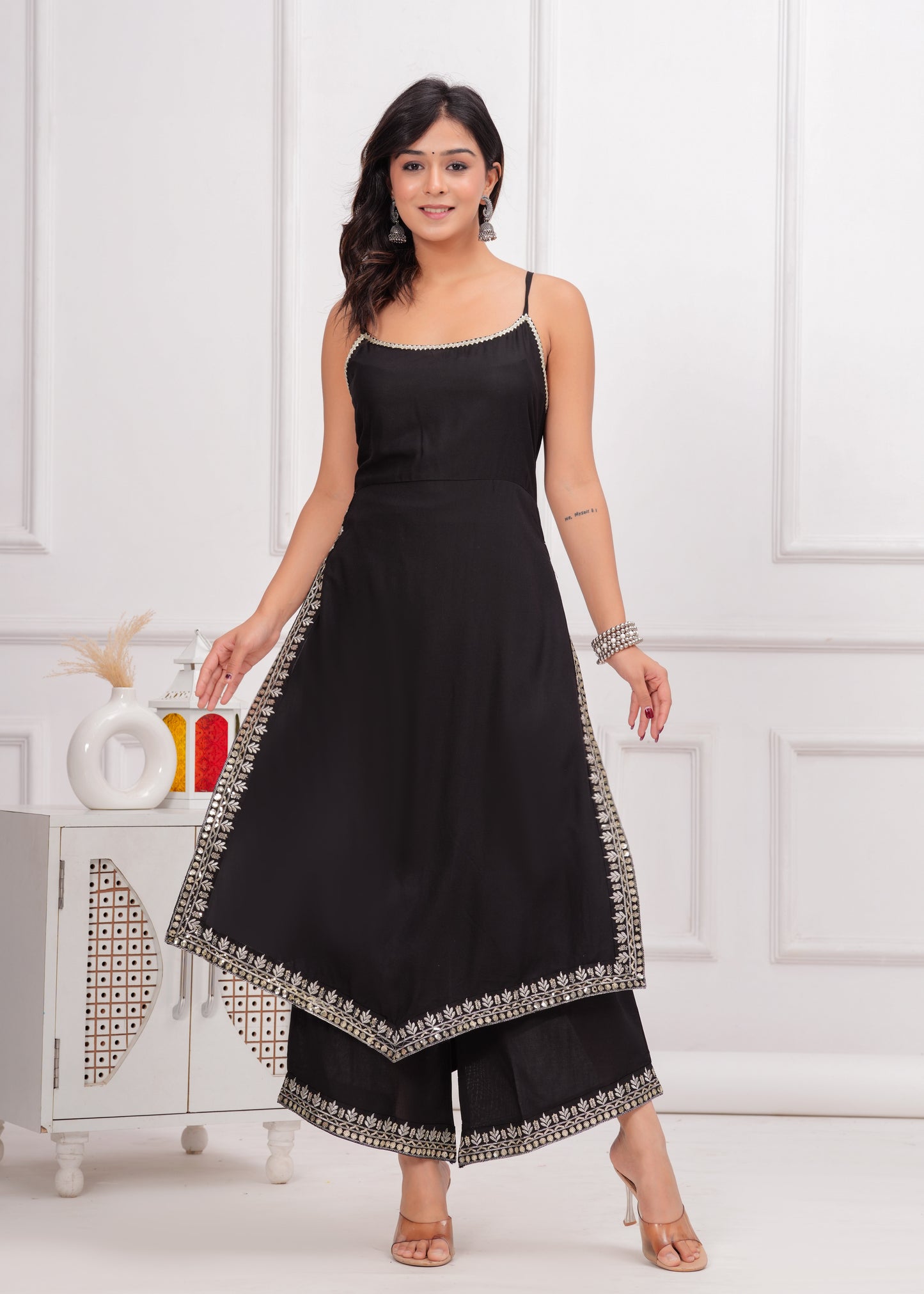 PoshArt Black Sleeveless Kurta Set