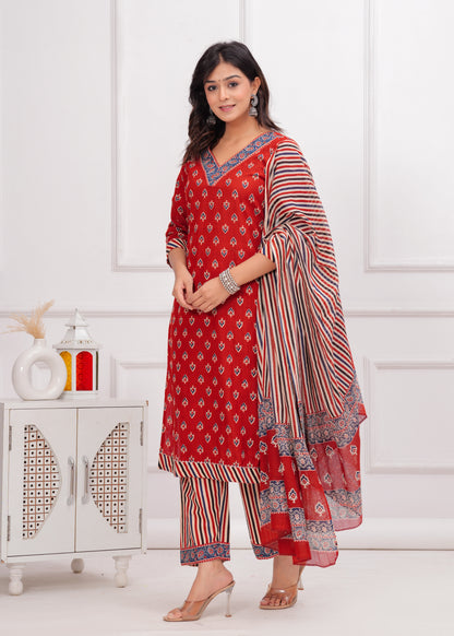 PoshArt Maroon Bagru Print Hand Look Kurta Set