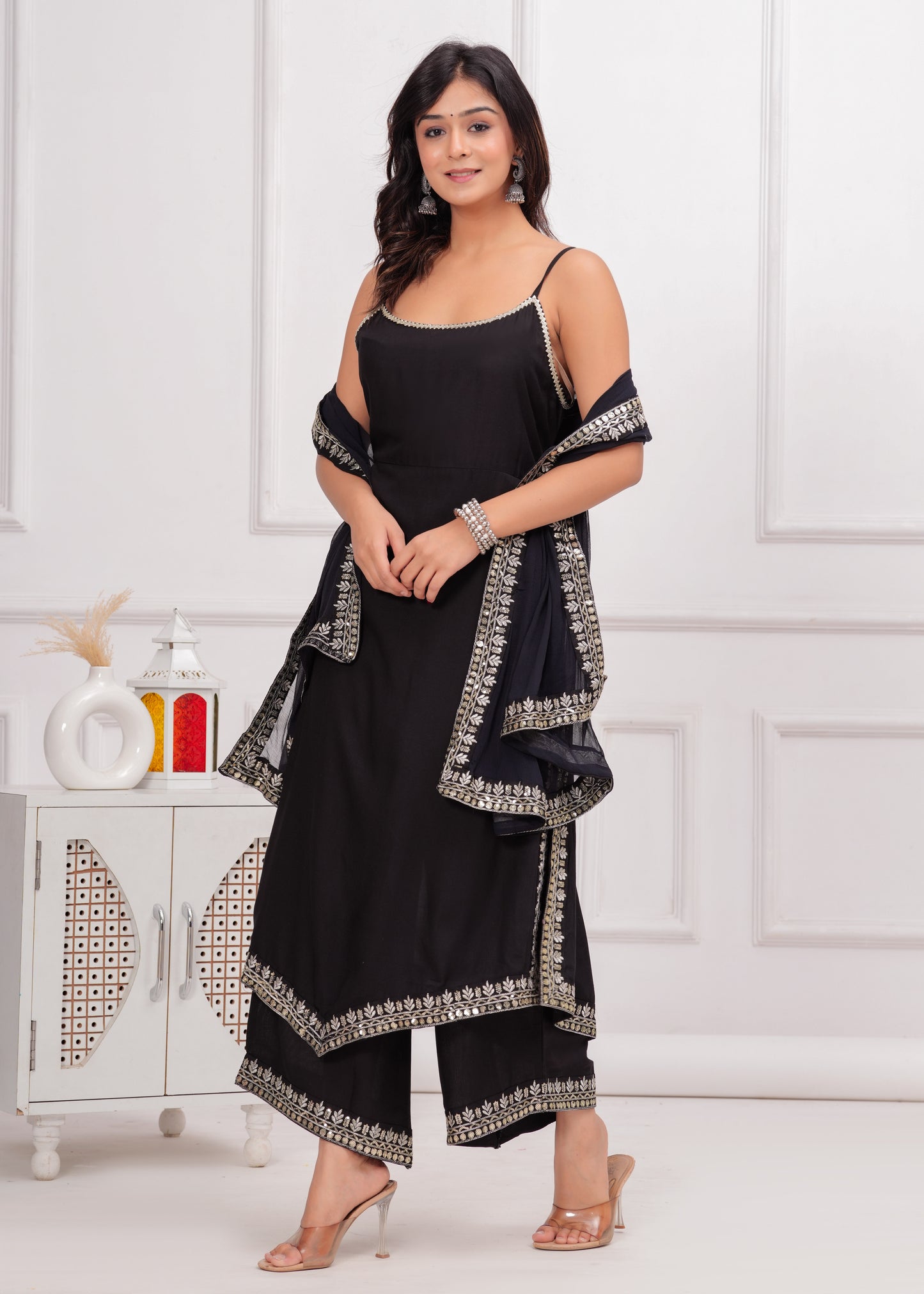 PoshArt Black Sleeveless Kurta Set