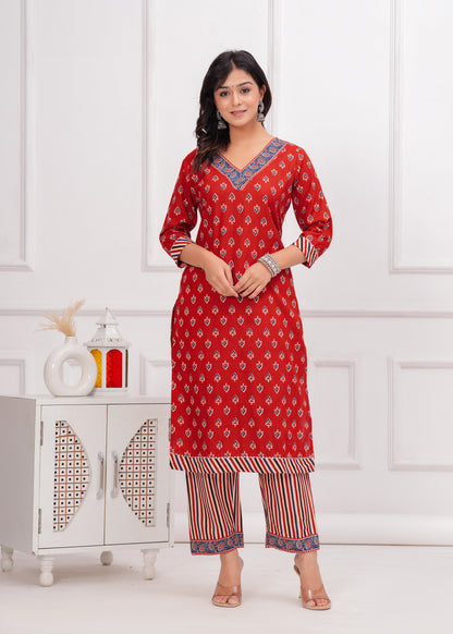 PoshArt Maroon Bagru Print Hand Look Kurta Set