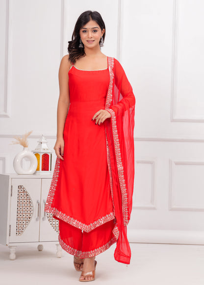 PoshArt Red Sleeveless Kurta Set