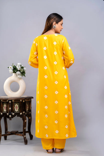 PoshArt Yellow Bandhej Kurta And Pant Set