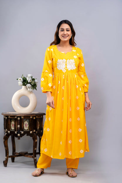 PoshArt Yellow Bandhej Kurta And Pant Set