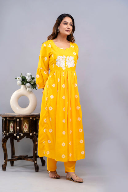 PoshArt Yellow Bandhej Kurta And Pant Set