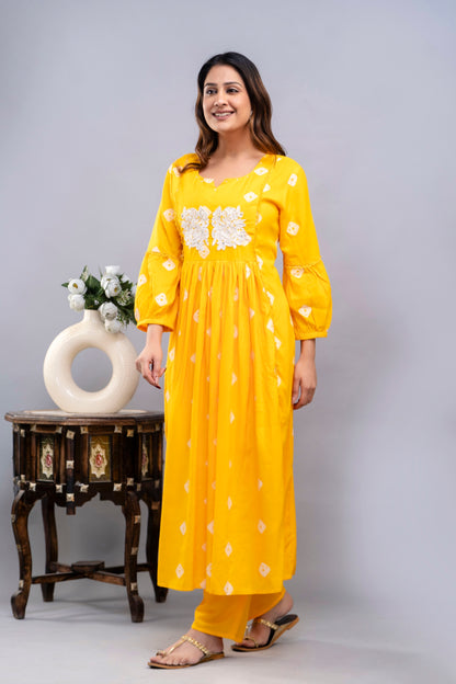 PoshArt Yellow Bandhej Kurta And Pant Set