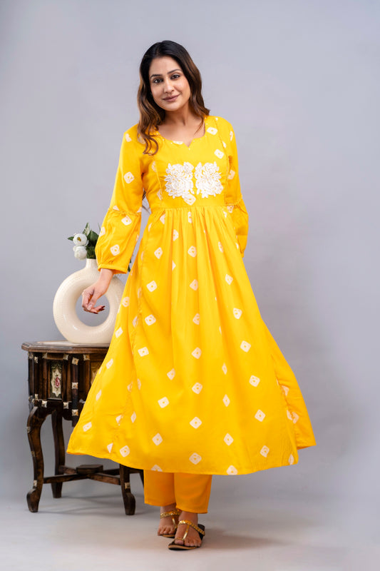 PoshArt Yellow Bandhej Kurta And Pant Set