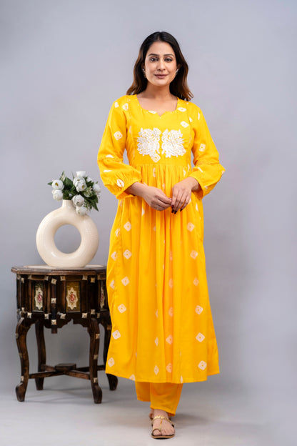 PoshArt Yellow Bandhej Kurta And Pant Set