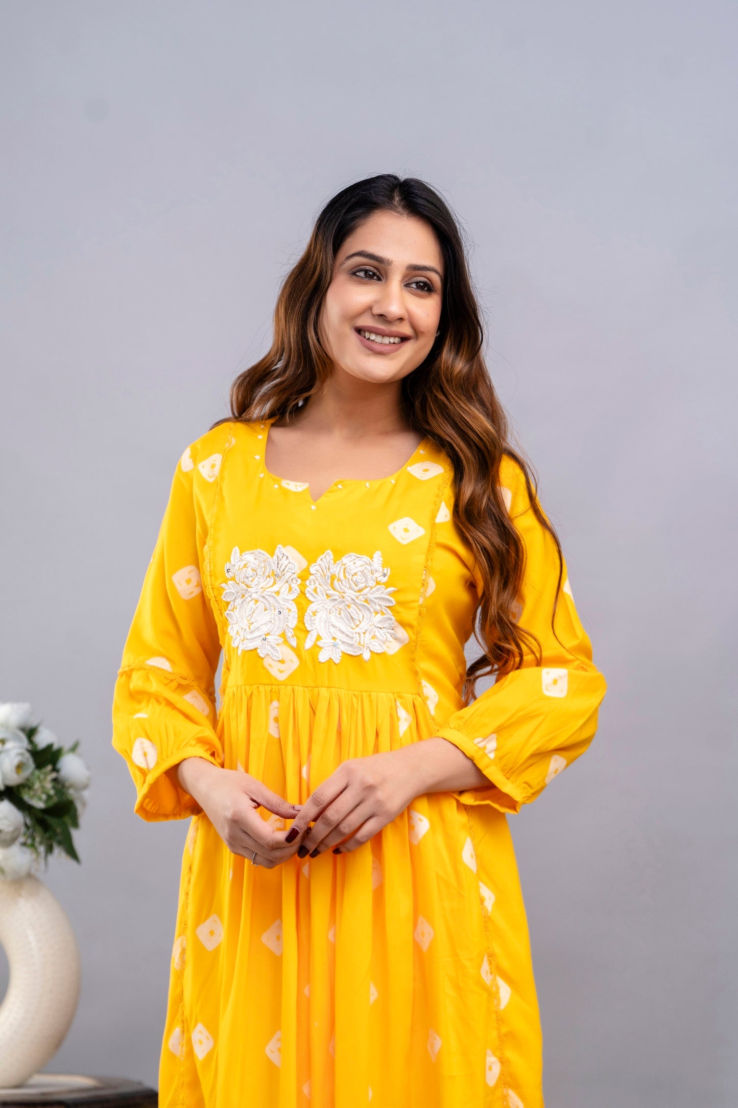 PoshArt Yellow Bandhej Kurta And Pant Set