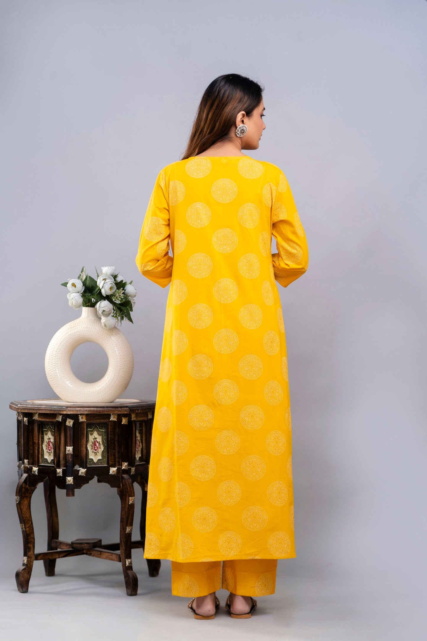 PoshArt Yellow Bandhej A-Line Kurta Set With Dupatta