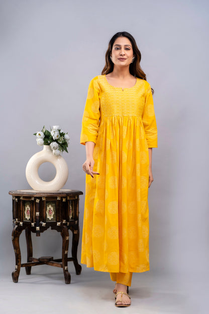 PoshArt Yellow Bandhej A-Line Kurta Set With Dupatta