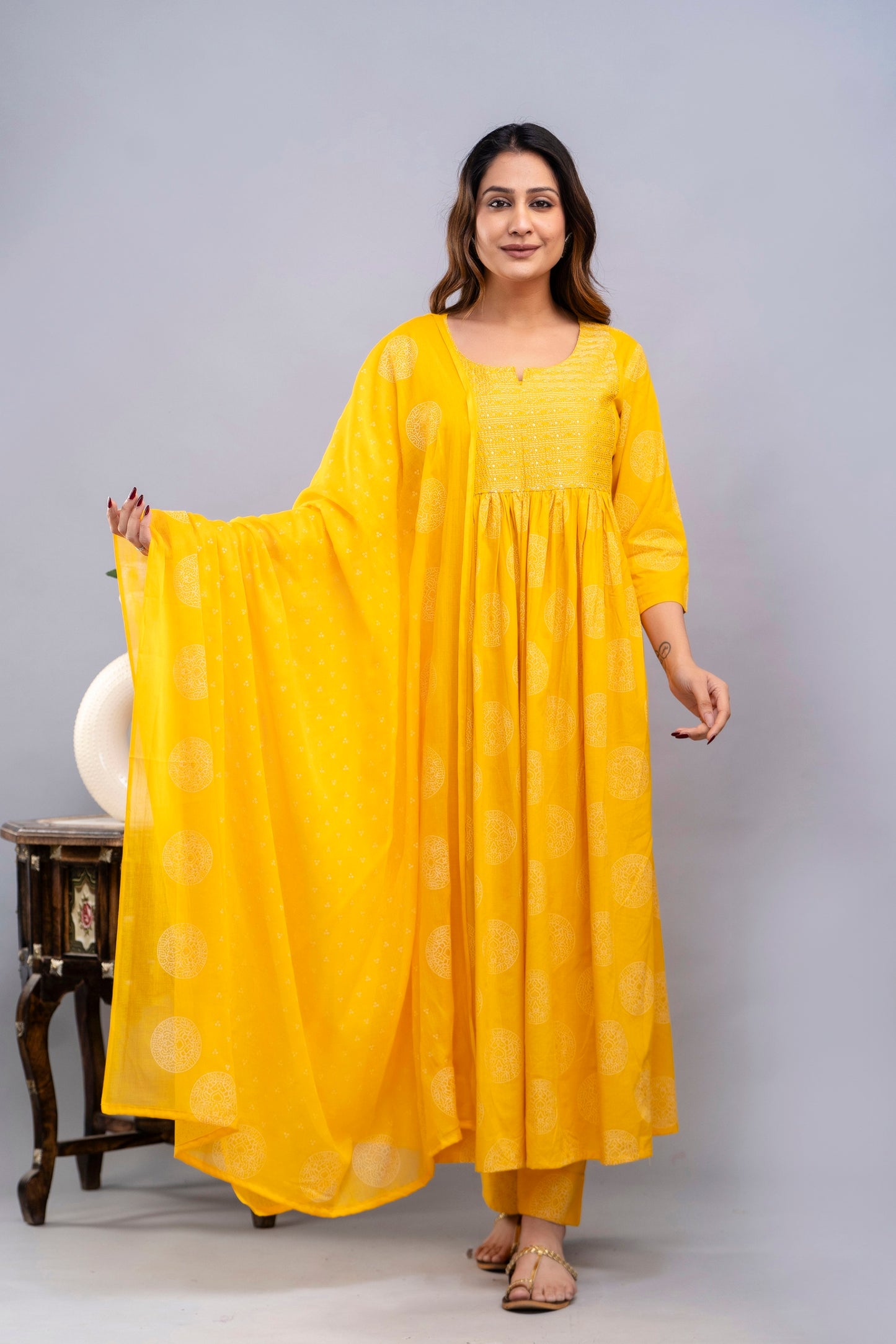 PoshArt Yellow Bandhej A-Line Kurta Set With Dupatta