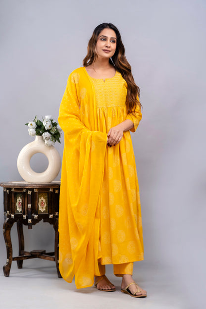 PoshArt Yellow Bandhej A-Line Kurta Set With Dupatta