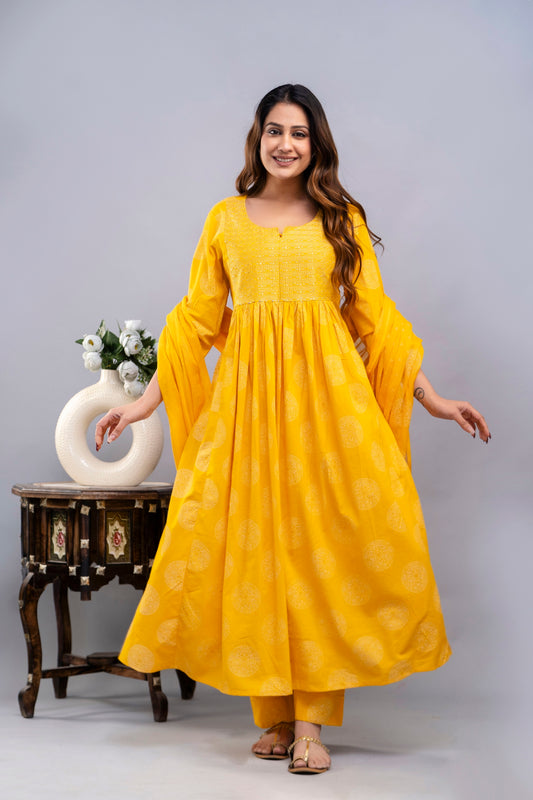 PoshArt Yellow Bandhej A-Line Kurta Set With Dupatta