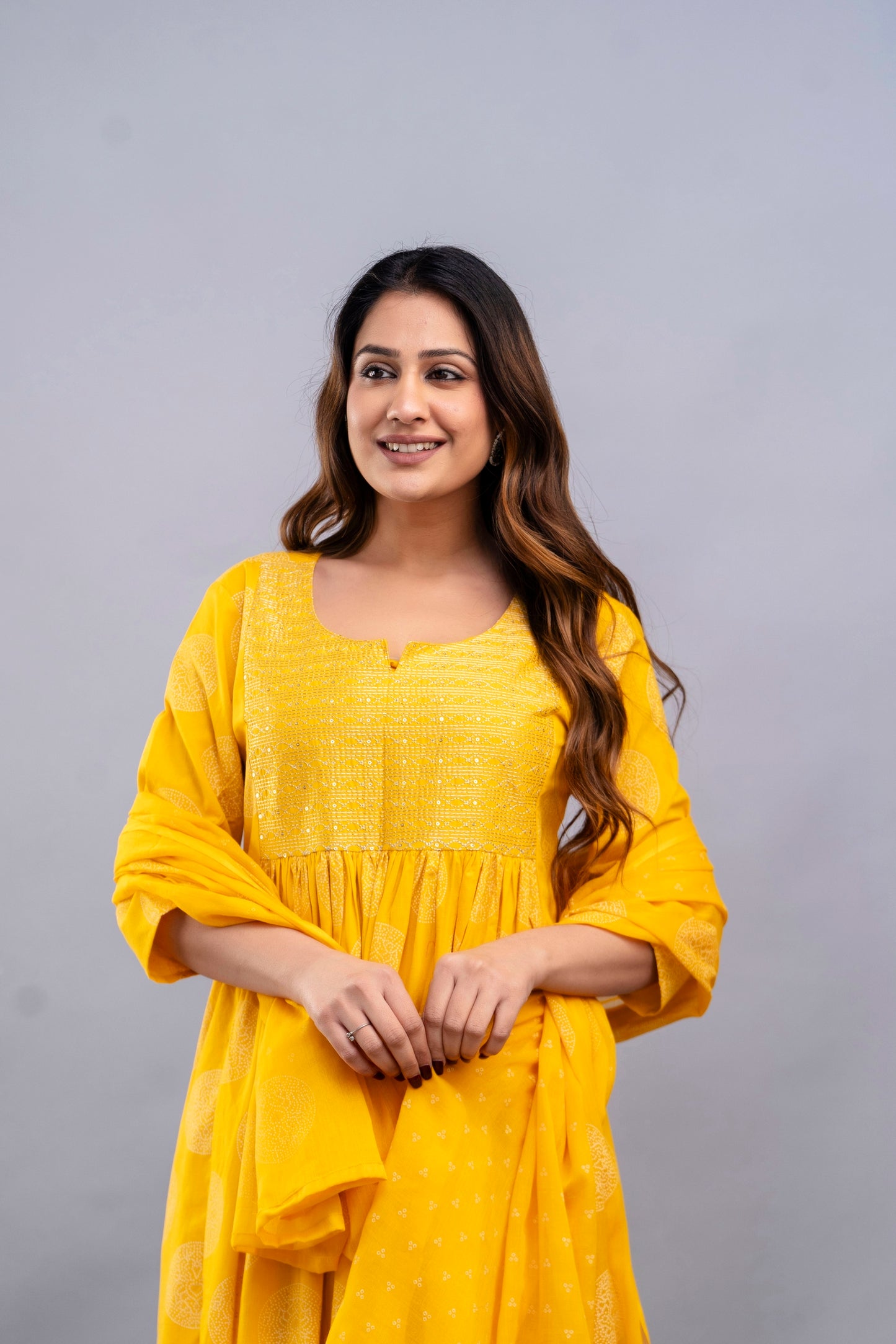 PoshArt Yellow Bandhej A-Line Kurta Set With Dupatta