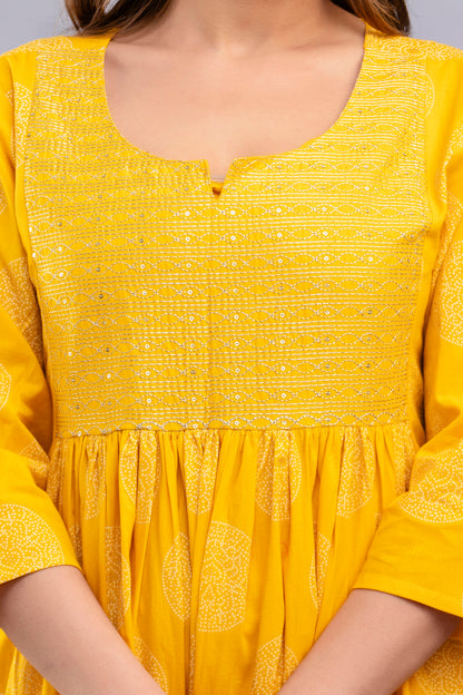 PoshArt Yellow Bandhej A-Line Kurta Set With Dupatta