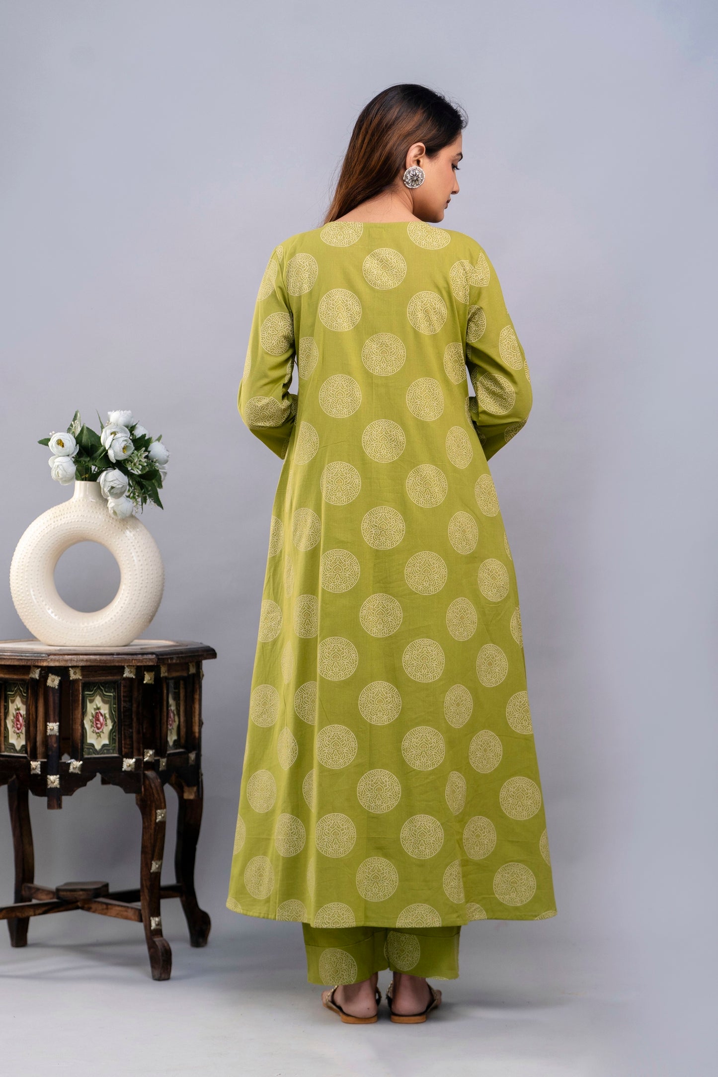 PoshArt Green Bandhej A-Line Kurta Set With Dupatta