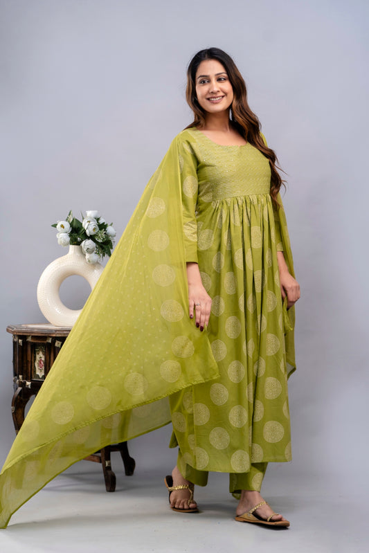 PoshArt Green Bandhej A-Line Kurta Set With Dupatta