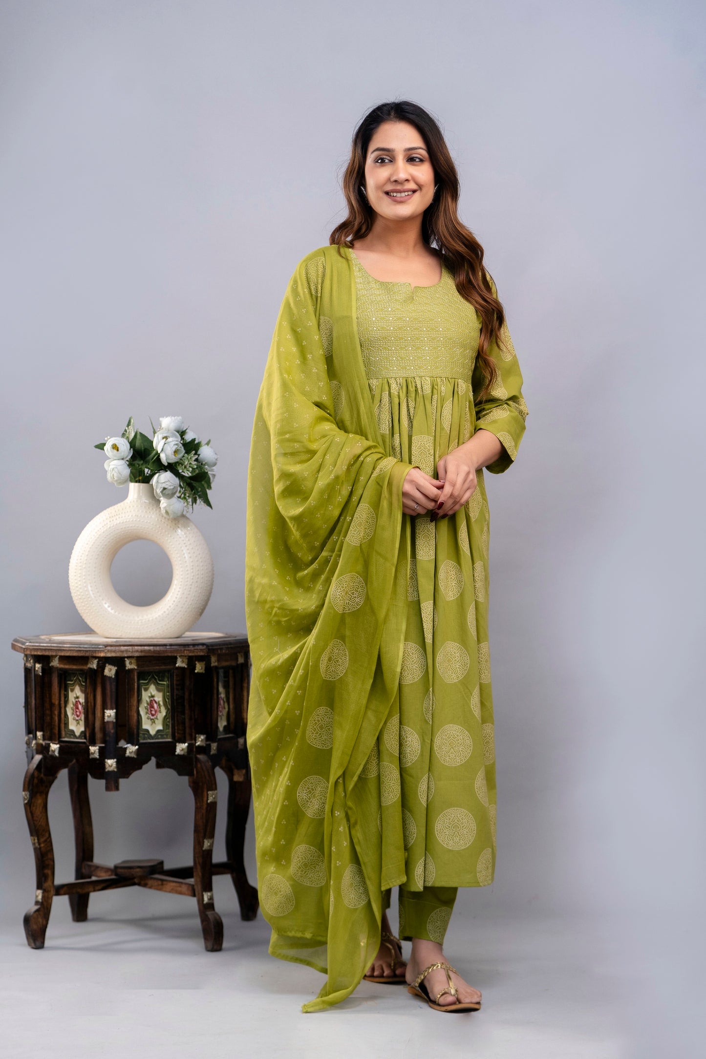 PoshArt Green Bandhej A-Line Kurta Set With Dupatta