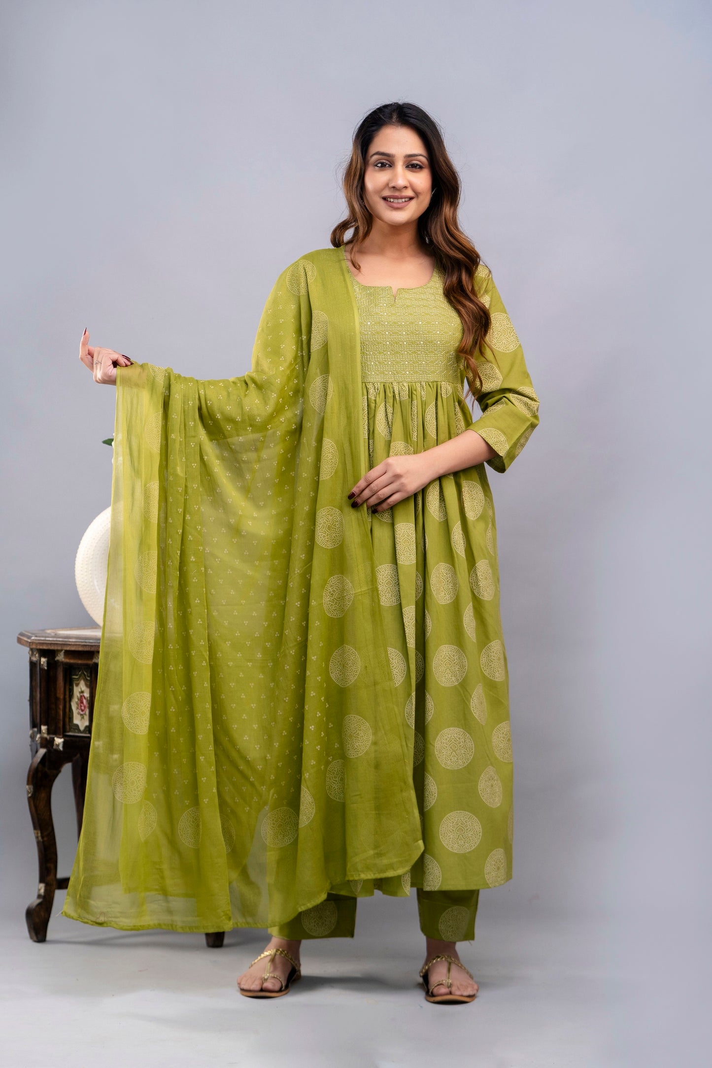 PoshArt Green Bandhej A-Line Kurta Set With Dupatta