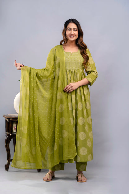 PoshArt Green Bandhej A-Line Kurta Set With Dupatta