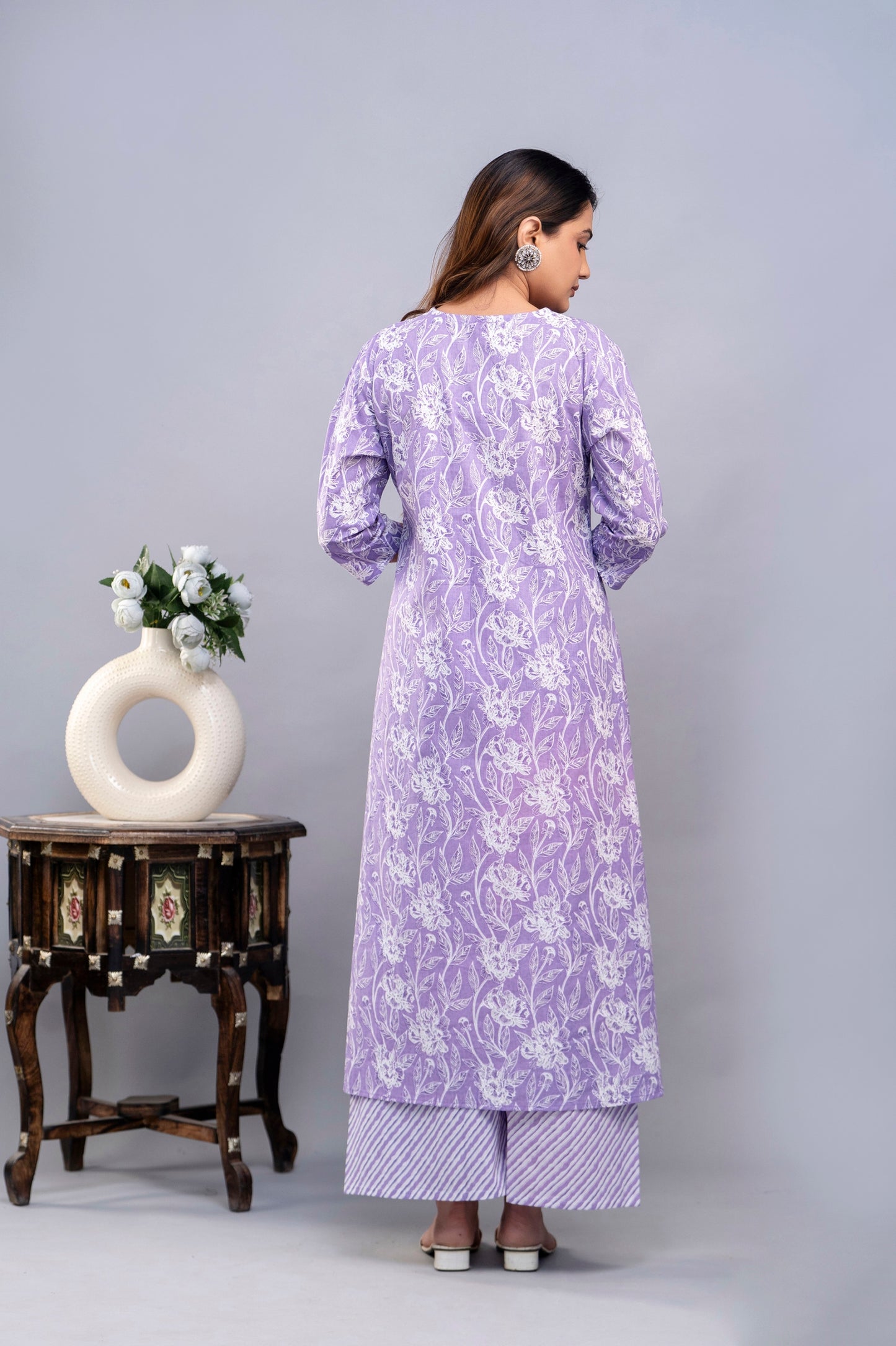 PoshArt Purple Floral A-Line Kurta Set With Dupatta