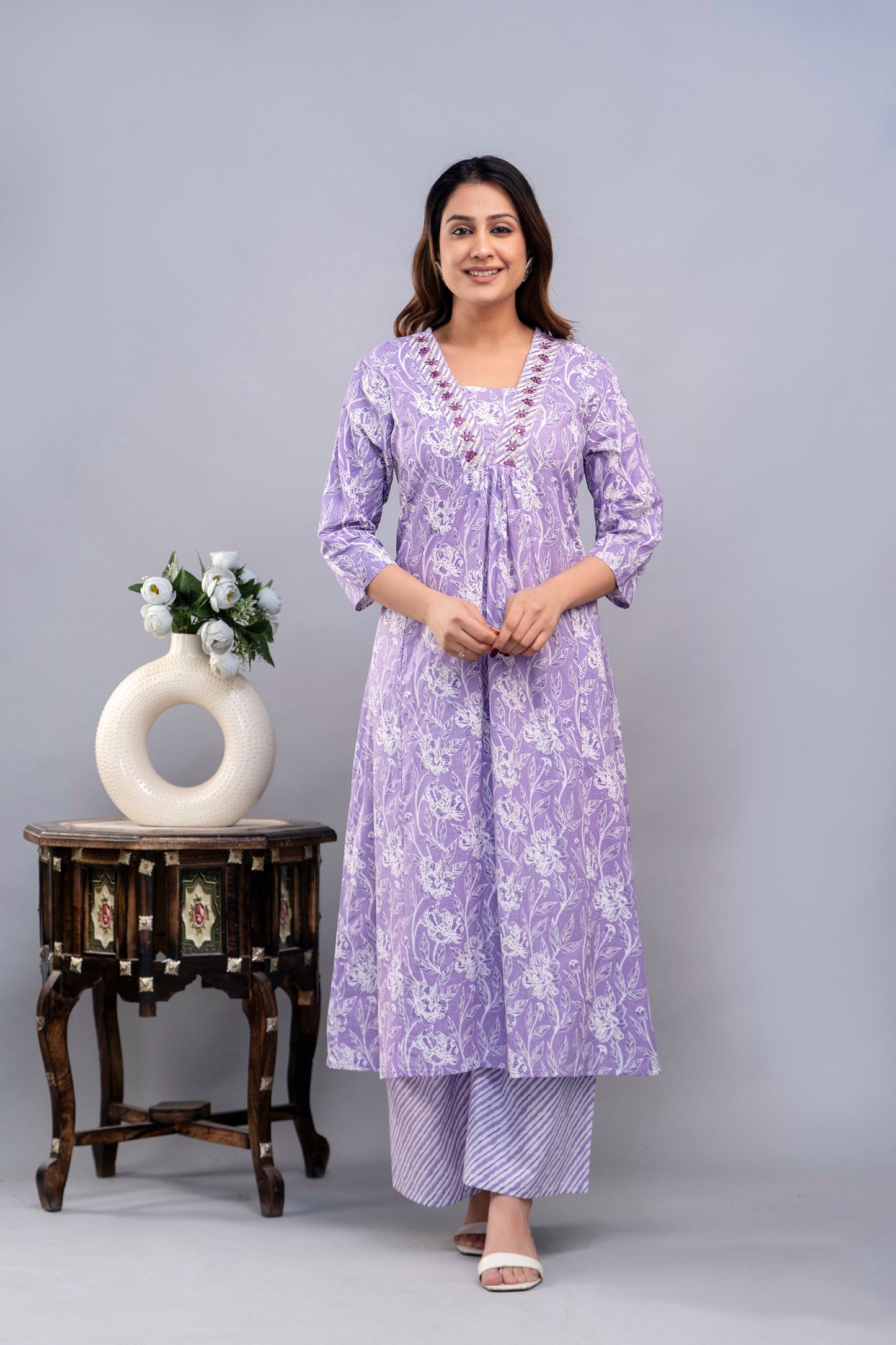 PoshArt Purple Floral A-Line Kurta Set With Dupatta