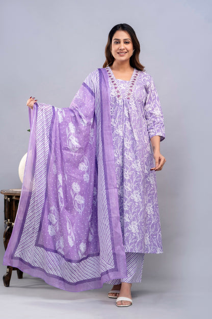 PoshArt Purple Floral A-Line Kurta Set With Dupatta