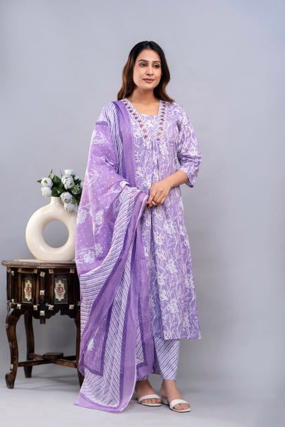 PoshArt Purple Floral A-Line Kurta Set With Dupatta