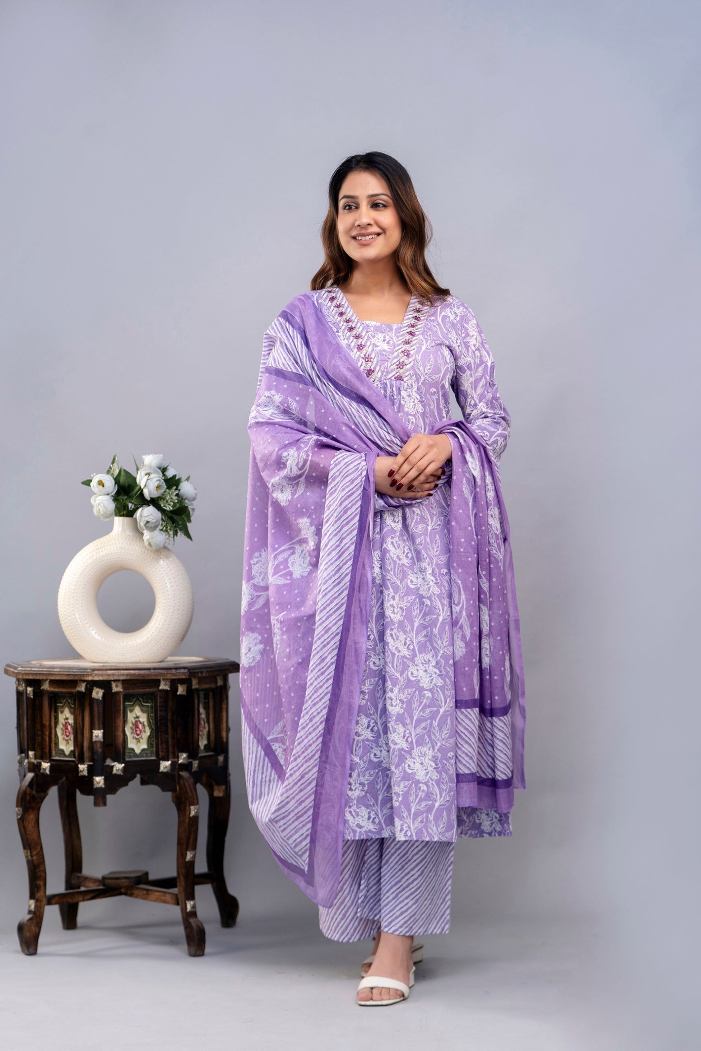 PoshArt Purple Floral A-Line Kurta Set With Dupatta