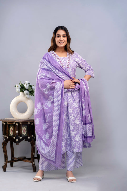 PoshArt Purple Floral A-Line Kurta Set With Dupatta