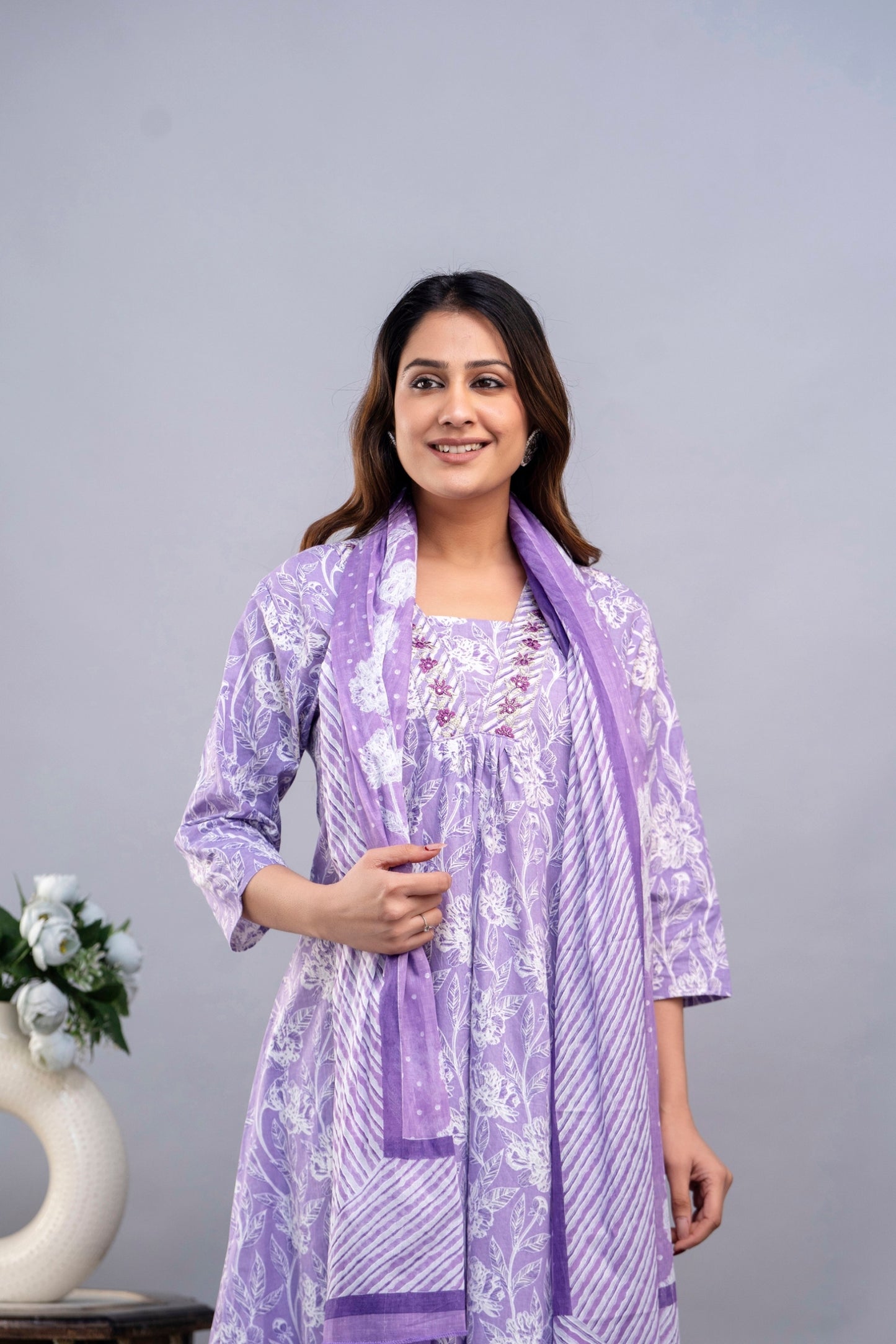 PoshArt Purple Floral A-Line Kurta Set With Dupatta