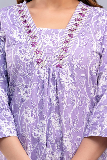 PoshArt Purple Floral A-Line Kurta Set With Dupatta