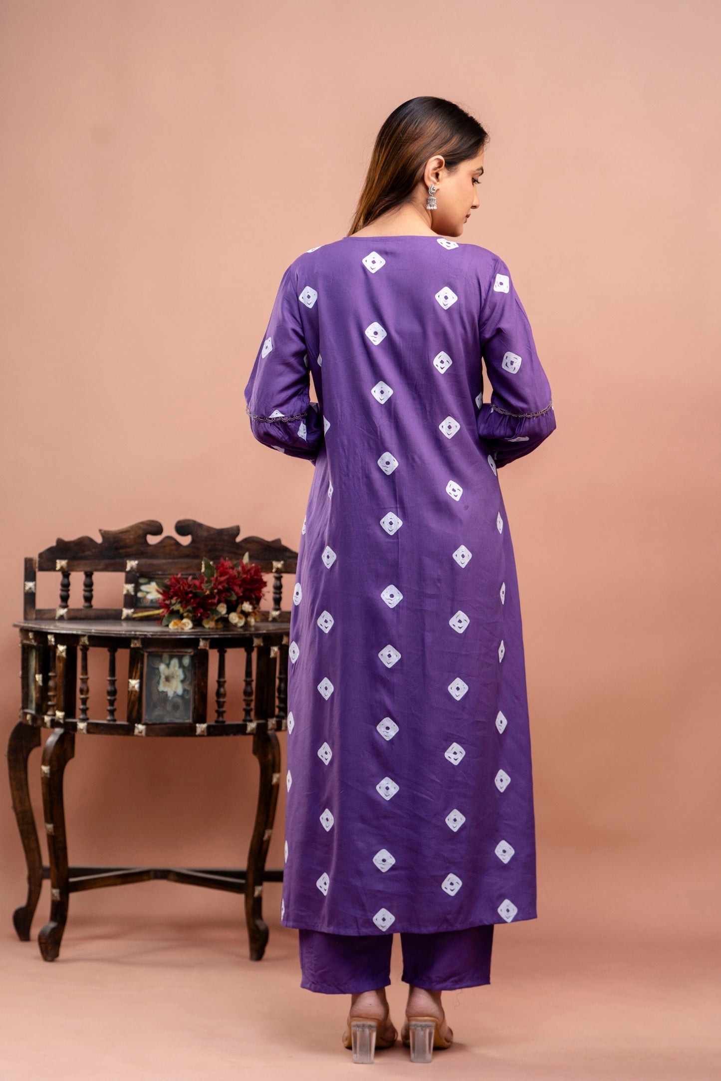 PoshArt Purple Bandhej Kurta And Pant Set